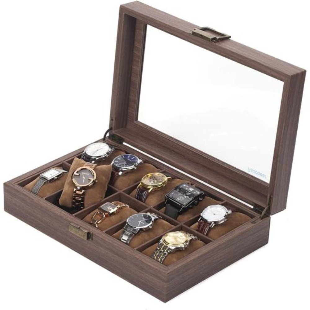 10Slot PU Leather Watch Box Organizer Watch Case w/ Glass Top For Luxury Watches
